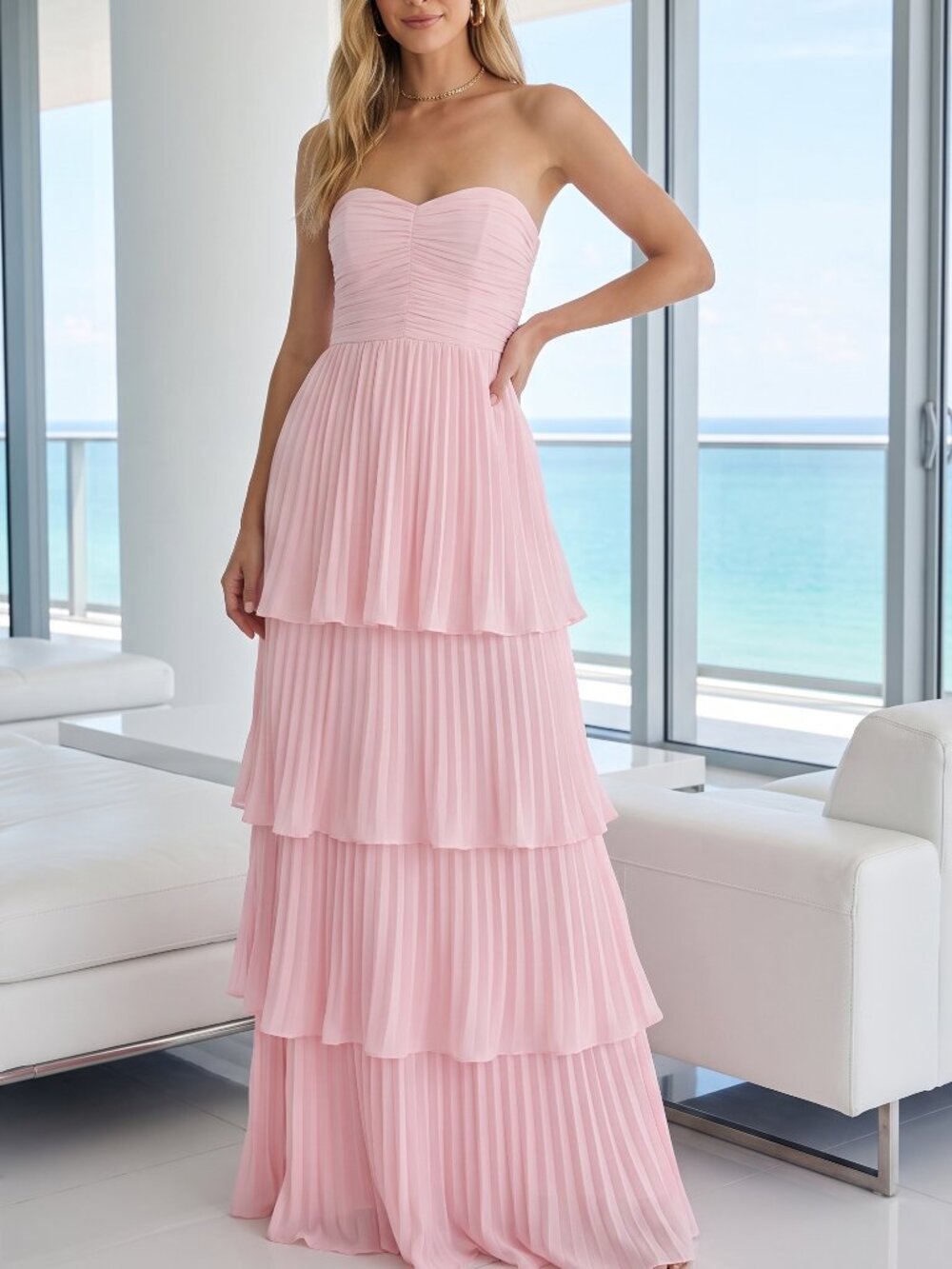 NWT LULUS Seriously Sensational lt. pink plisse maxi dress S